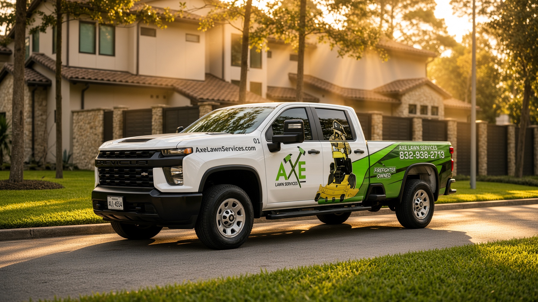 Axe Lawn Services truck parked in front of a home