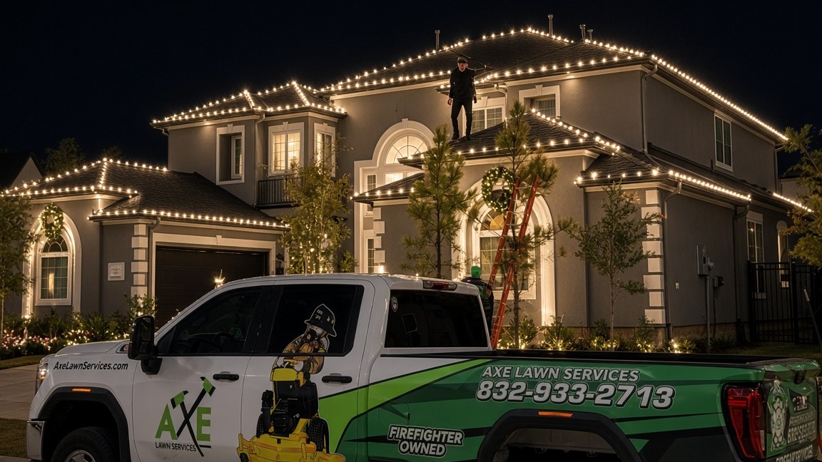 Holiday lights on a Houston house at night