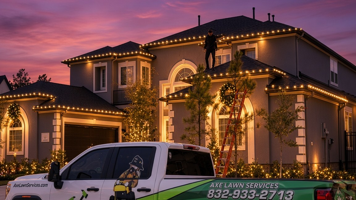 Axe crew installing holiday lights on a Houston roof at sunset