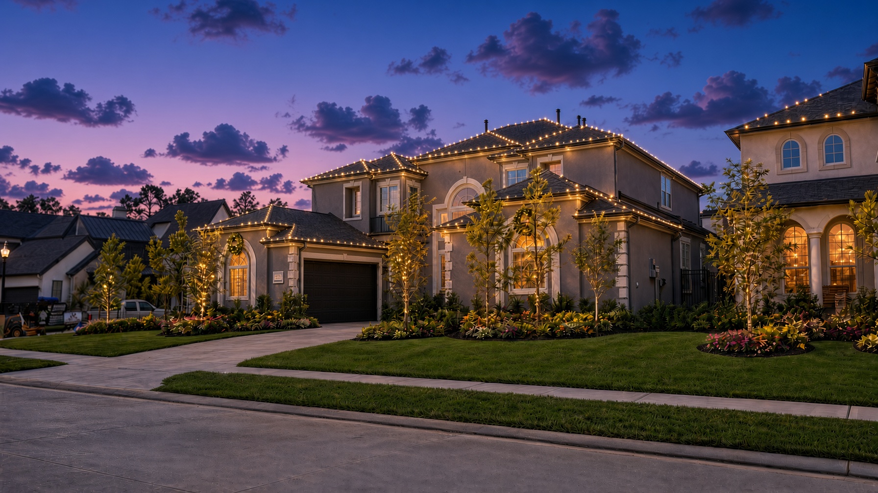 House outlined with holiday lights at dusk